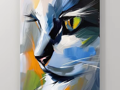 Animal Painting Abstract Cat Portrait With Yellow Eyes And Vibrant Oil Colors 3d model