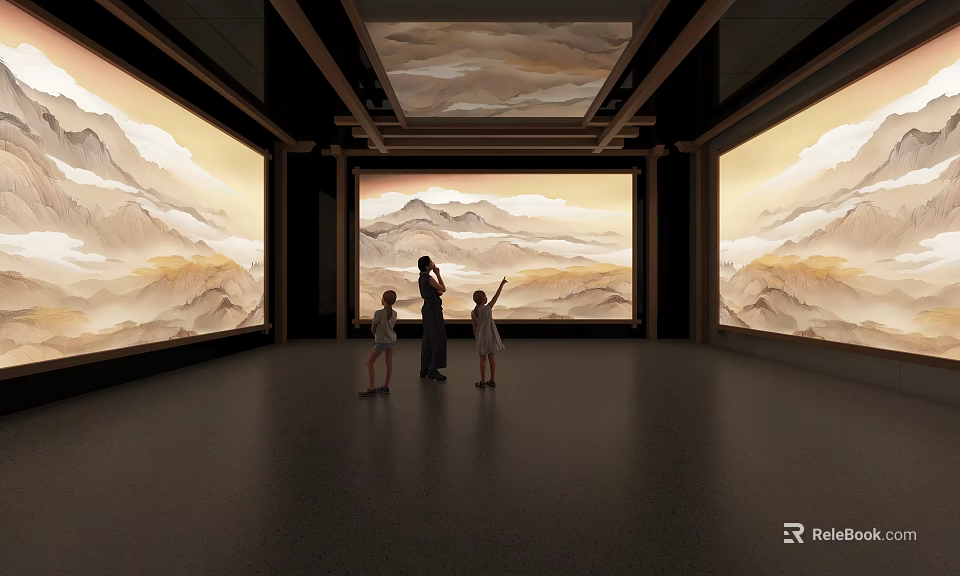 Spacious Exhibition Hall With Visitors Admiring Chinese Mountain Cloud Paintings On Walls And Ceiling 3d model 