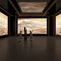 Spacious Exhibition Hall With Visitors Admiring Chinese Mountain Cloud Paintings On Walls And Ceiling