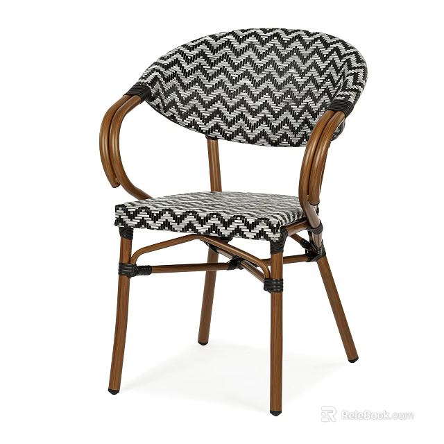 Outdoor Chair With Brown Metal Frame Black White Chevron Pattern Fabric And Curved Armrests 3d model 