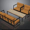 Orange Sofa And Armchairs With Black Frames And Wooden Coffee Table