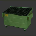Green Trash Bin With Black Sloped Lid And Yellow Warning Label