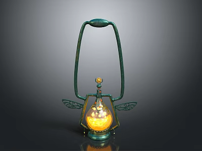 Ornate Green Metal Lantern With Handle Transparent Glass Globe Wing Shaped Decorations And Yellow Light 3d model