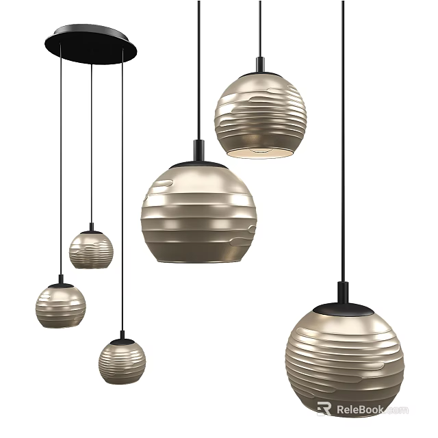 Multiple Modern Spherical Pendant Lights With Striped Design And Metallic Finish 3d model