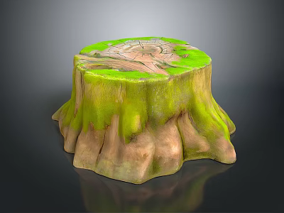 Wooden Stump With Natural Texture And Green Moss Covered Decorative Surface 3d model