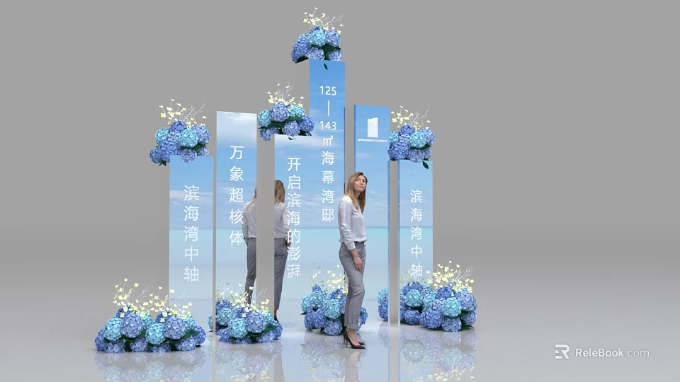 Photo Check In Spot With Blue Flower Bouquets Mirror Decorations And Text Signs 3d model 