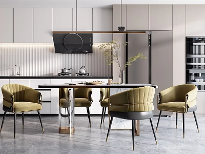 Modern Restaurant Interior With Dining Table And Velvet Chairs In Neutral Tones 3d model