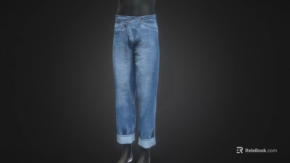 Blue Denim Jeans With Cuffed Hem Displayed By Model On Black Background 3d model