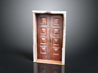 Traditional Wooden Double Door With Stone Frame And Square Panel Design For Architecture 3d model