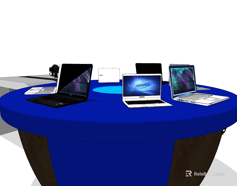 Round Blue Display Shelf With Laptops And Electronic Devices For Exhibition 3d model