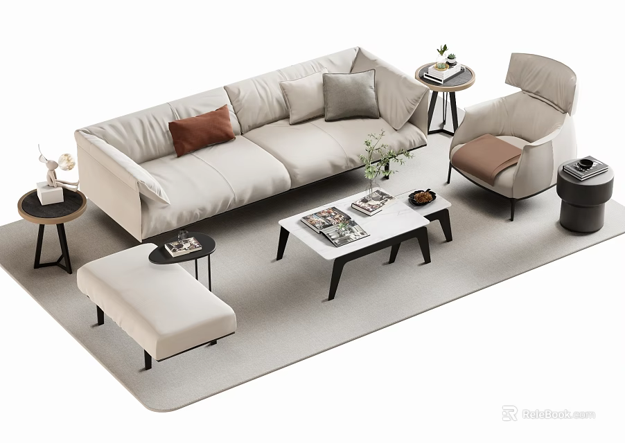 Modern Light Colored Sofa Coffee Table Set With Throw Pillows Armchair And Ottoman Decor 3d model