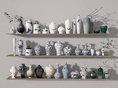 Decorative Flower Vases In Various Colors And Shapes On Shelf Display With Branches 3d model