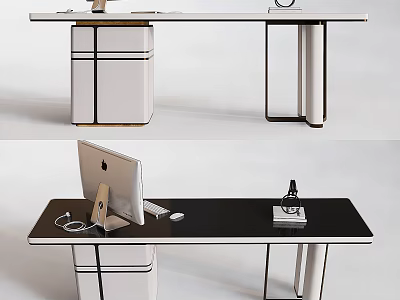 Modern Black And White Office Desk With Computer Lamp Mouse And Storage 3d model