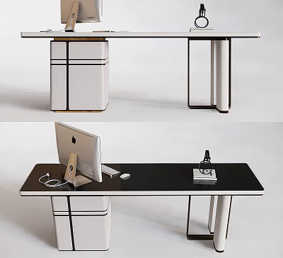 Modern Black And White Office Desk With Computer Lamp Mouse And Storage 3d model