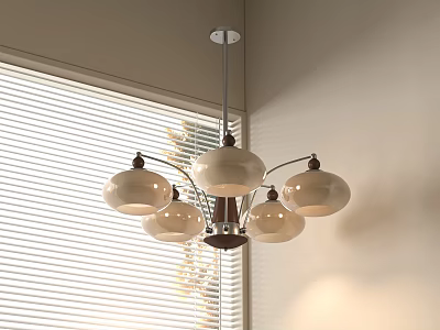 Modern Five Light Chandelier With Metal Frame Glass Shades In Interior With Window Blinds 3d model