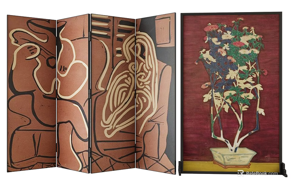 Artistic Room Divider Screens With Abstract Patterns And Floral Art 3d model