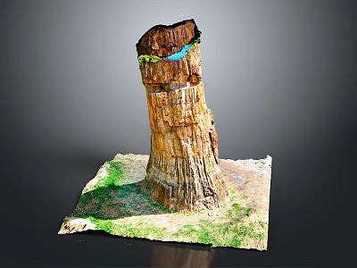 Rustic Wooden Tree Stump Decor With Natural Stone Base And Green Grass Surface 3d model