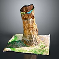 Rustic Wooden Tree Stump Decor With Natural Stone Base And Green Grass Surface