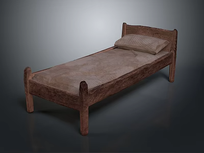Rustic Wooden Bed Frame With Simple Design Mattress And Single Pillow 3d model