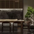 Modern Restaurant Interior With Wooden Dining Table Chairs Green Plant And Marble Wall Decor