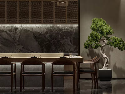 Modern Restaurant Interior With Wooden Dining Table Chairs Green Plant And Marble Wall Decor 3d model