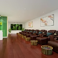SPA Sauna Interior With Relaxing Chairs Wooden Floor Green Plants And Foot Care Area