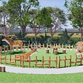 Scenic Park Landscape With Deer Wooden Fence Green Grass Trees And Sign