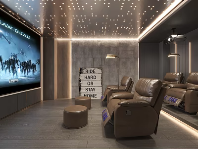 Cozy Home Theater Room Interior with Large Projection Screen Leather Recliners and Starry Ceiling Lights 3d model