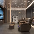 Cozy Home Theater Room Interior with Large Projection Screen Leather Recliners and Starry Ceiling Lights