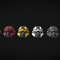 Different Colored Tactical Helmets With Face Visors And Glowing Green Accents