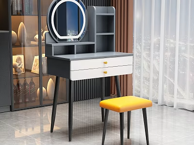 Modern Dressing Table with Round Mirror White Drawers Gold Handles and Yellow Stool 3d model