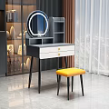 Modern Dressing Table with Round Mirror White Drawers Gold Handles and Yellow Stool