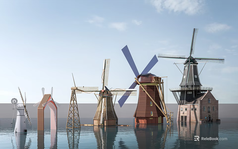 Various Styles Windmill Models Garden Ornaments Standing On Water Surface Under Blue Sky 3d model 