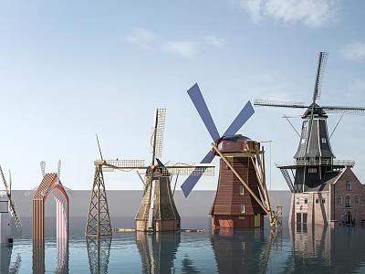 Various Styles Windmill Models Garden Ornaments Standing On Water Surface Under Blue Sky 3d model