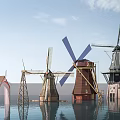 Various Styles Windmill Models Garden Ornaments Standing On Water Surface Under Blue Sky