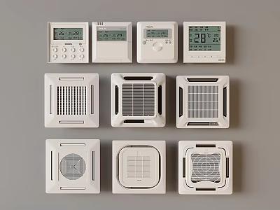 White Air Conditioner Fan Units With Digital Controllers And Different Vent Designs 3d model