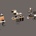 Office Desk and Chair Sets in Modern Workspace with Computer Monitors Shelves and Green Plants