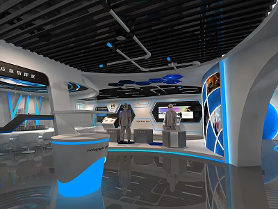Modern Exhibition Hall Interior With Blue Lighting Display Screens And Interactive Stands 3d model