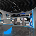 Modern Exhibition Hall Interior With Blue Lighting Display Screens And Interactive Stands 3d model