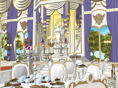 Luxurious Banquet Hall Interior With White Seats Table Settings Fresh Flowers And Chandeliers 3d model