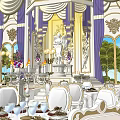 Luxurious Banquet Hall Interior With White Seats Table Settings Fresh Flowers And Chandeliers