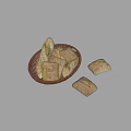 Fresh Baked Bread Loaves in Wicker Basket with Extra Pieces on Table Surface 3d model