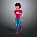 3D Model Child Wearing Red T shirt Blue Jeans And Pink Shoes Walking On Gray Background