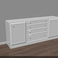Modern White Entryway Sideboard Cabinet With Drawers Doors And Metal Handles On Wooden Floor
