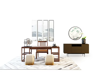 Modern Wooden Desk With Ergonomic Chair And Decorative Lamp In Home Study Room 3d model