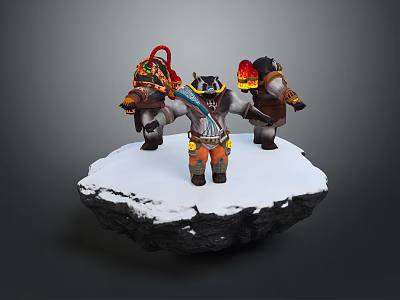 Three Characters in Decorative Gear with Flame Feather Decorations Standing on Snowy Rock Platform 3d model
