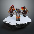 Three Characters in Decorative Gear with Flame Feather Decorations Standing on Snowy Rock Platform