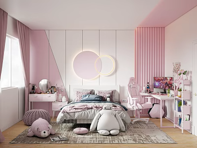 Pink And White Kids Room With Bed Desk Chair Stuffed Toys Circular Lights And Curtains 3d model