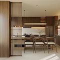 Modern Restaurant Interior With Wooden Screen Blinds Cabinets Dining Table And Chairs