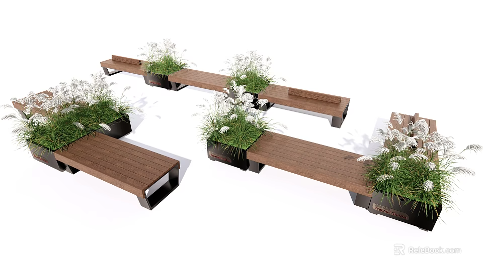 Outdoor Landscape Seats Wooden Benches With Potted White Flower Plants For Garden Park Decoration 3d model 